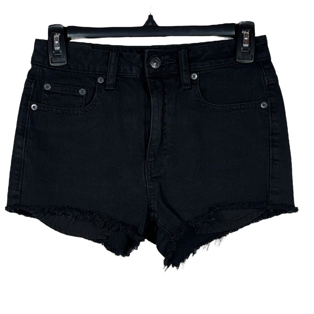 Talula Aritzia SZ 25 Jean Shorts High-Rise Frayed Hems Zip-Fly Pockets Black
